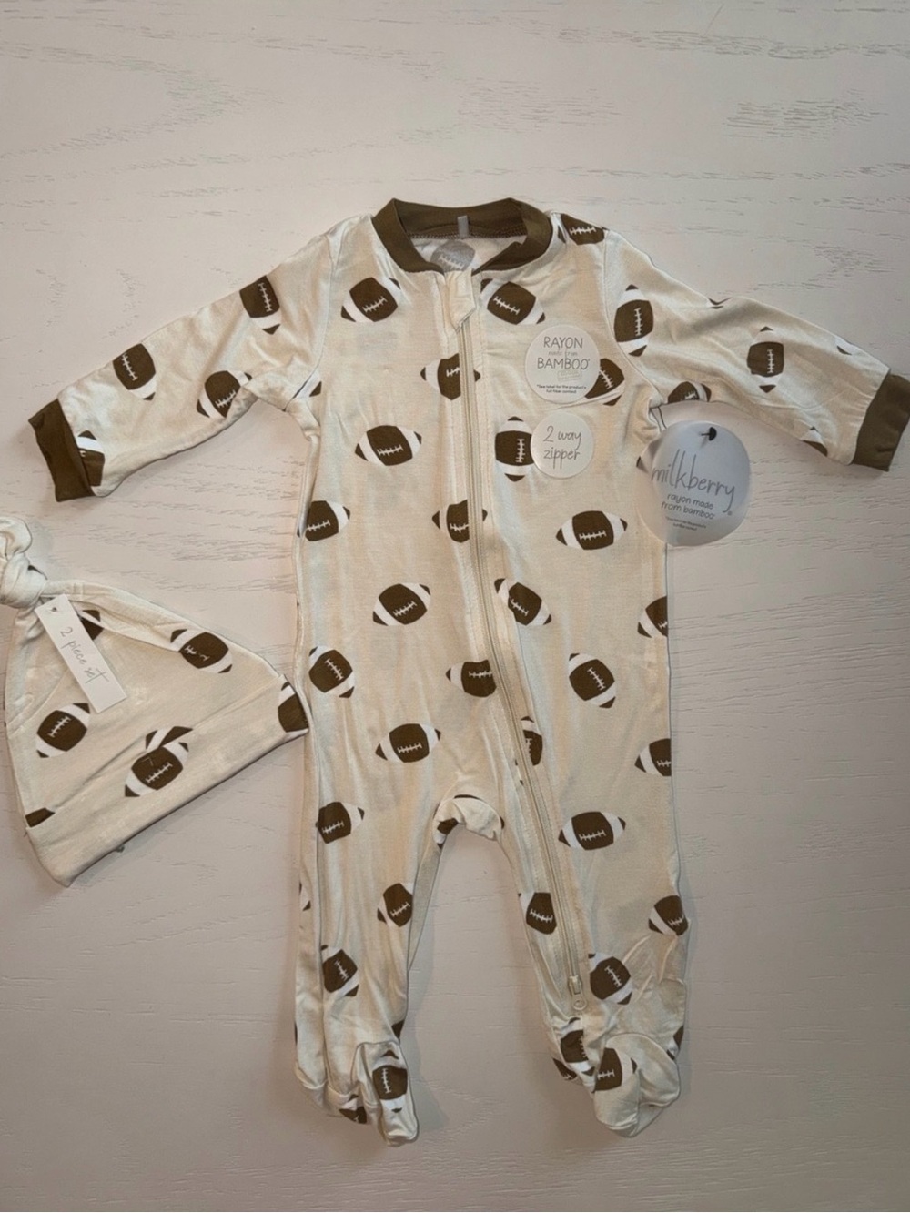 NWT Milkberry Bamboo Rayon Two Piece Set Football Patterned